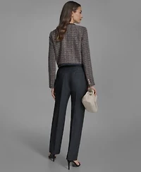 Bcbg Womens Braided Trim Tweed Collarless Jacket Printed Sleeveless Tie Neck Blouse Denim Straight Leg Pants