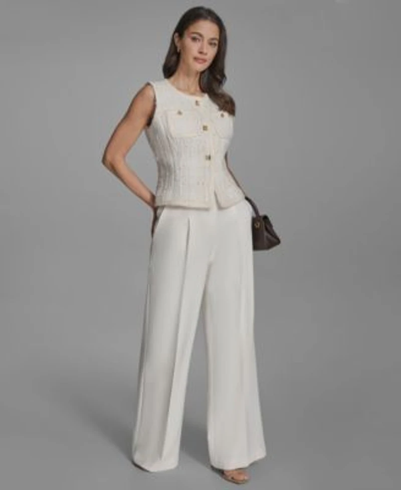 Bcbg Womens Textured Crewneck Button Front Vest Pleated Wide Leg Pants