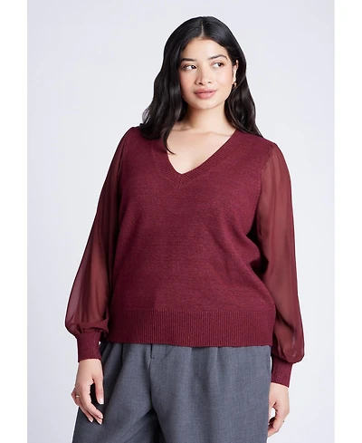 Eloquii Women's Sheer Sleeve V-Neck Sweater