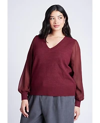 Eloquii Women's Sheer Sleeve V-Neck Sweater