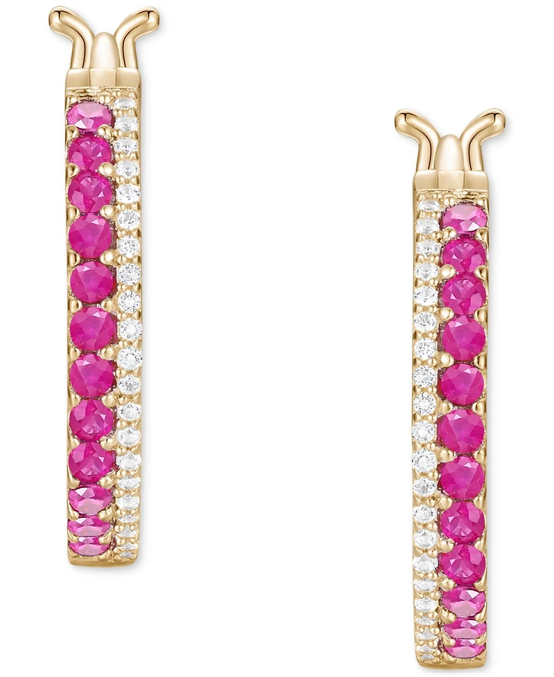Emerald (3/8 ct. t.w.) & Diamond (1/8 Double Row Small Hoop Earrings 14k Gold-Plated Sterling Silver, 0.75"