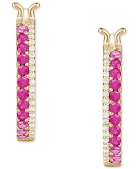 Emerald (3/8 ct. t.w.) & Diamond (1/8 Double Row Small Hoop Earrings 14k Gold-Plated Sterling Silver, 0.75"