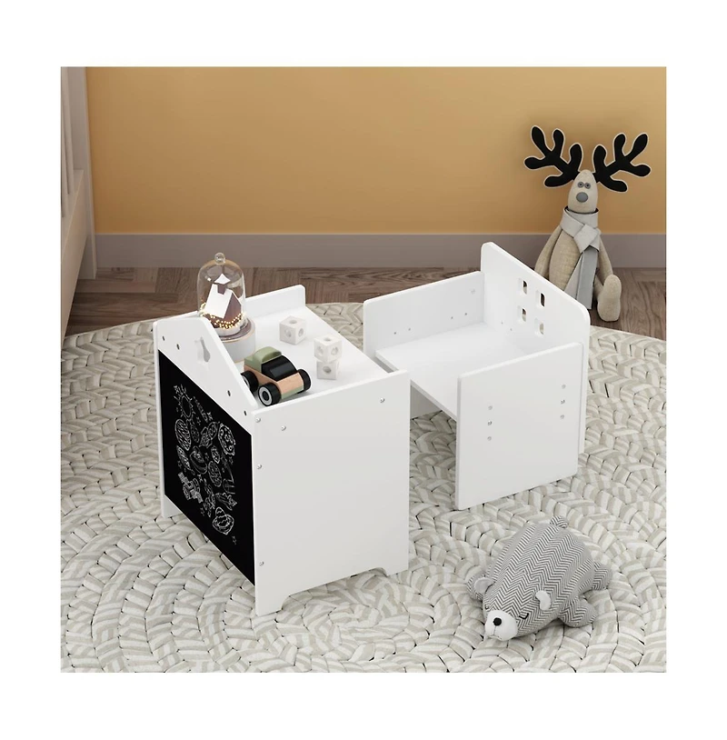 Cesicia Wooden Toddler Table and Chair Set Kids Activity Table Step Stools with Blackboard & 3 Heights Adjustable