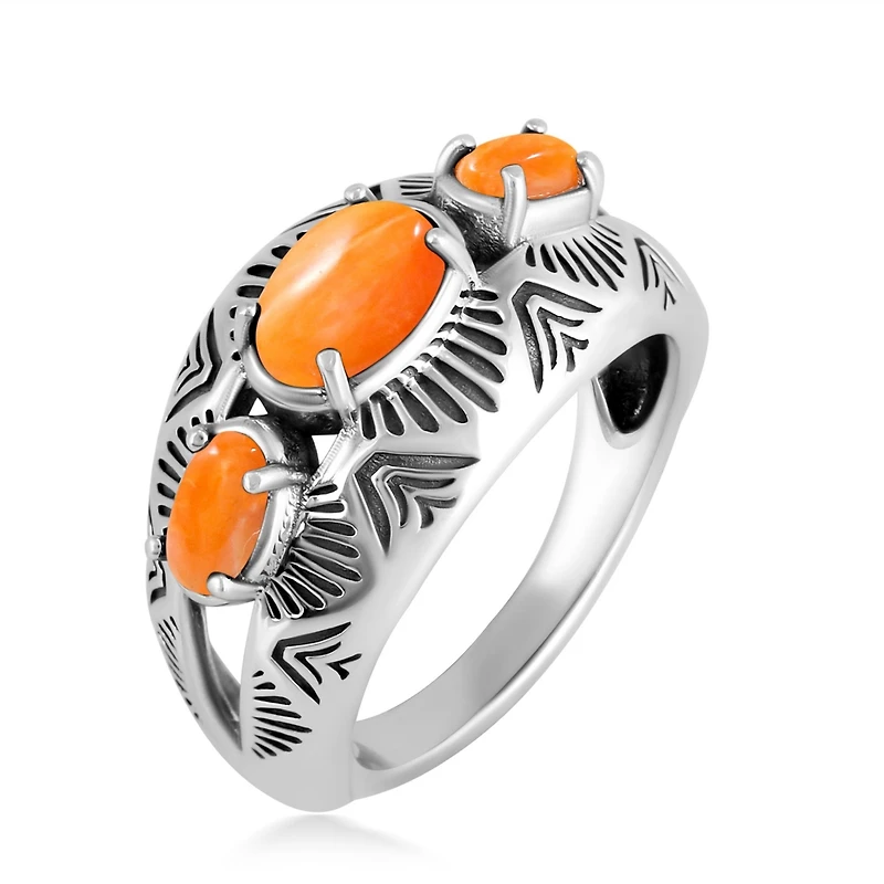 American West Jewelry Sterling Silver Orange Spiny Oyster 3-Stone Oval Band Ring, 10