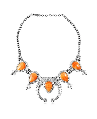 American West Jewelry Sterling Silver Orange Spiny Oyster Pear-Cut Squash Blossom Necklace, 17 to 20 Inches