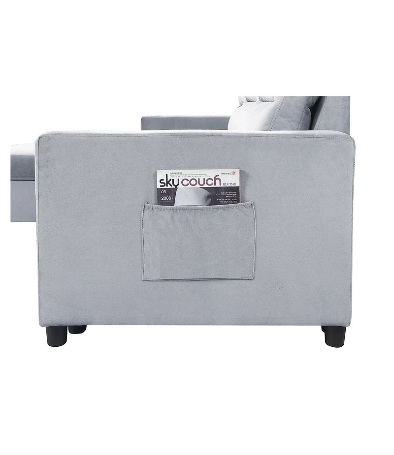 Homlux 81.5"W Light Gray Velvet Reversible Sleeper Sectional Sofa with Storage Chaise and Side Pocket