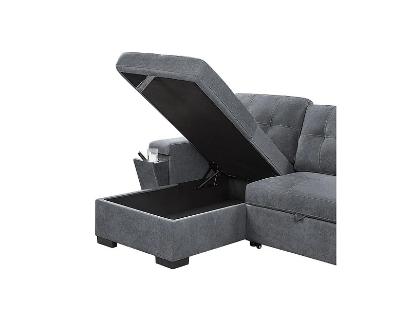 Homlux 95"W Gray Woven Fabric Reversible Sleeper Sectional Sofa with Storage Chaise Cup Holder Charging Ports and Pockets