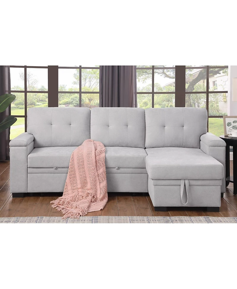 Homlux 84.5"W Light Gray Woven Fabric Reversible Sleeper Sectional Sofa with Storage Chaise