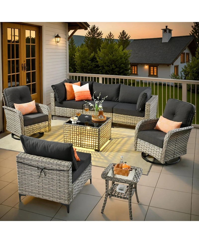Xizzi Outdoor Patio Furniture Set,8 Pieces Rattan Sectional Cozy Sofa,Patio Conversation Sets with Swivel Chairs and Solar Coffee Table