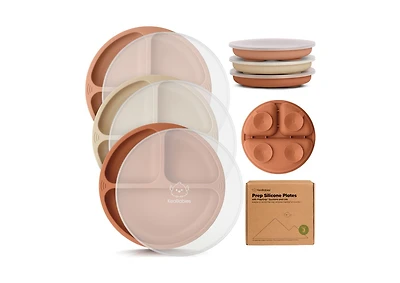 KeaBabies 3-Pack Prep Suction Plates with Lids, 100% Silicone Baby Plates with Lid, Bpa-Free Kids Divided Toddler Plates