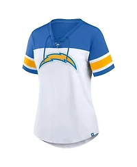 Fanatics Women's White/Powder Blue Los Angeles Chargers Athena Rhinestone Lace-Up V-Neck T-Shirt