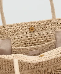 Mango Women's Fringes Detail Natural Fiber Shoulder Bag