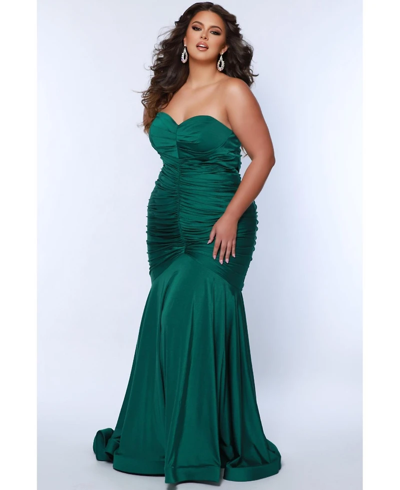 Sydney's Closet Women's Fitted Mermaid Strapless Ruched Train Evening Dress