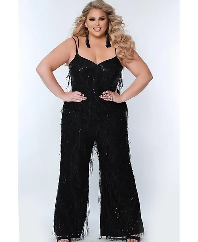 Sydney's Closet Women's Sequin Jumpsuit with Fringe