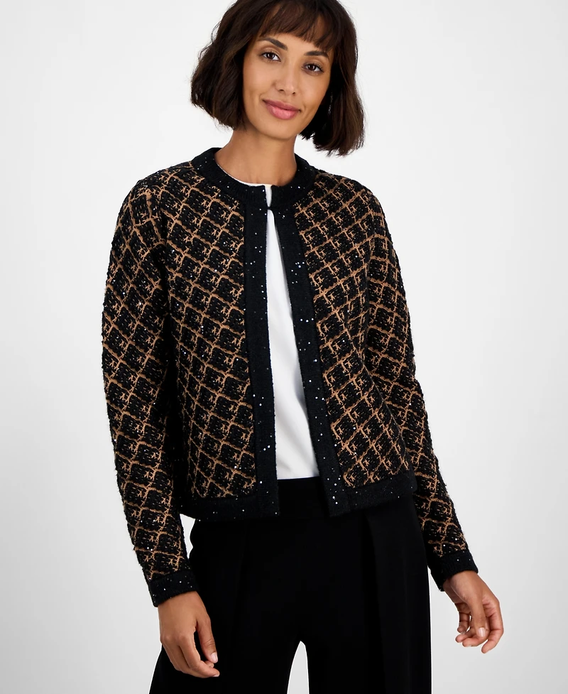 Anne Klein Women's Diagonal Check Kissing-Front Cardigan