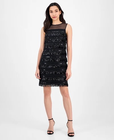 Anne Klein Women's Sequin-Fringe Sleeveless Shift Dress