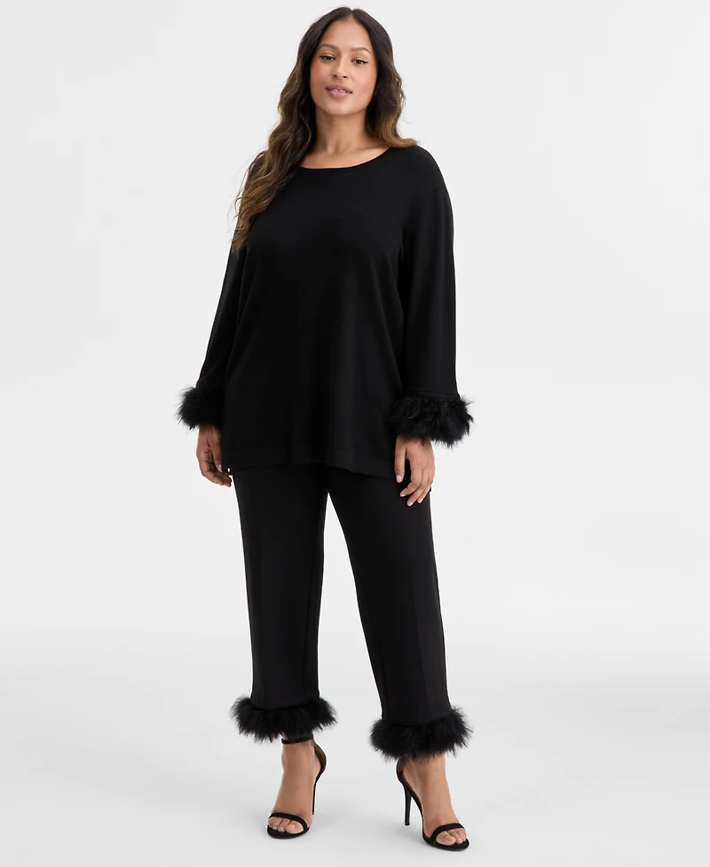 Anne Klein Plus Feather-Cuff Long-Sleeve Sweater