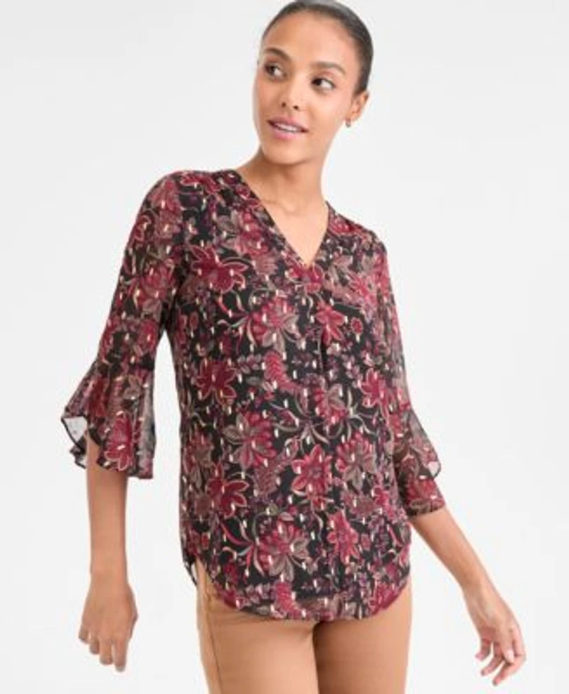 Jones New York Womens V Neck 3 4 Flutter Sleeve Top Lexington Ankle Length Straight Jeans