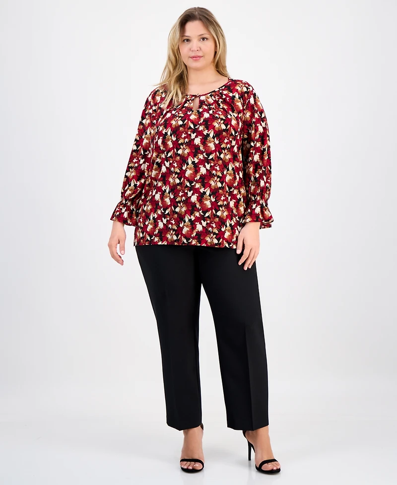 Ak Anne Klein Plus Printed Long-Sleeve Keyhole Blouse