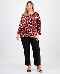 Ak Anne Klein Plus Printed Long-Sleeve Keyhole Blouse