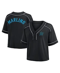 Fanatics Women's Black Miami Marlins Oversized Champ Game Cropped V-Neck T-Shirt