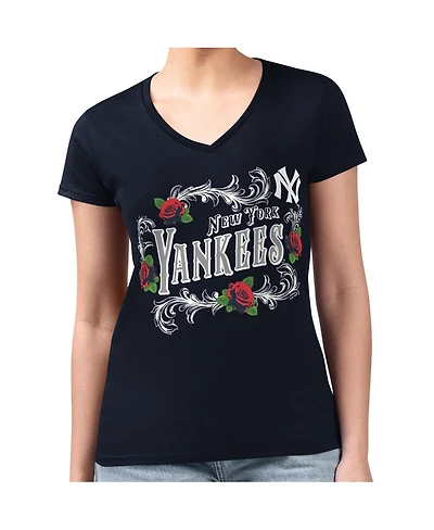 G-iii 4Her by Carl Banks Women's Navy New York Yankees Retro Roses Fitted V-Neck T-Shirt