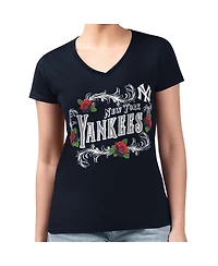 G-iii 4Her by Carl Banks Women's Navy New York Yankees Retro Roses Fitted V-Neck T-Shirt