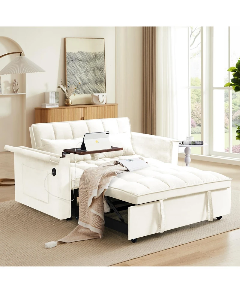 Streamdale Furniture Foldable Velvet Sofa Bed with Usb Desk (Beige)
