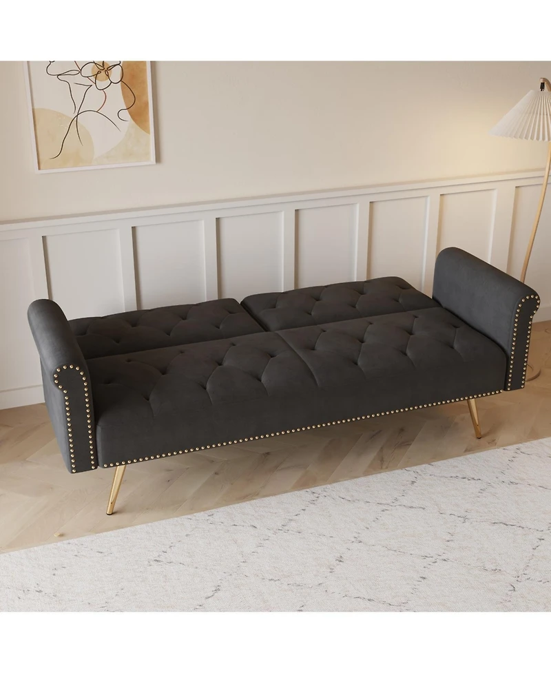Streamdale Furniture Black Velvet Sofa Bed with Nailhead Trim & Pillow