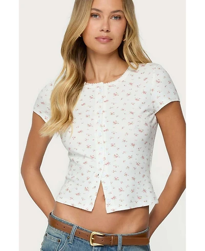 Edikted Women's Odella Floral Ribbed Button Up Top