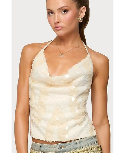 Edikted Womens Reid Backless Sequin Cowl Neck Top