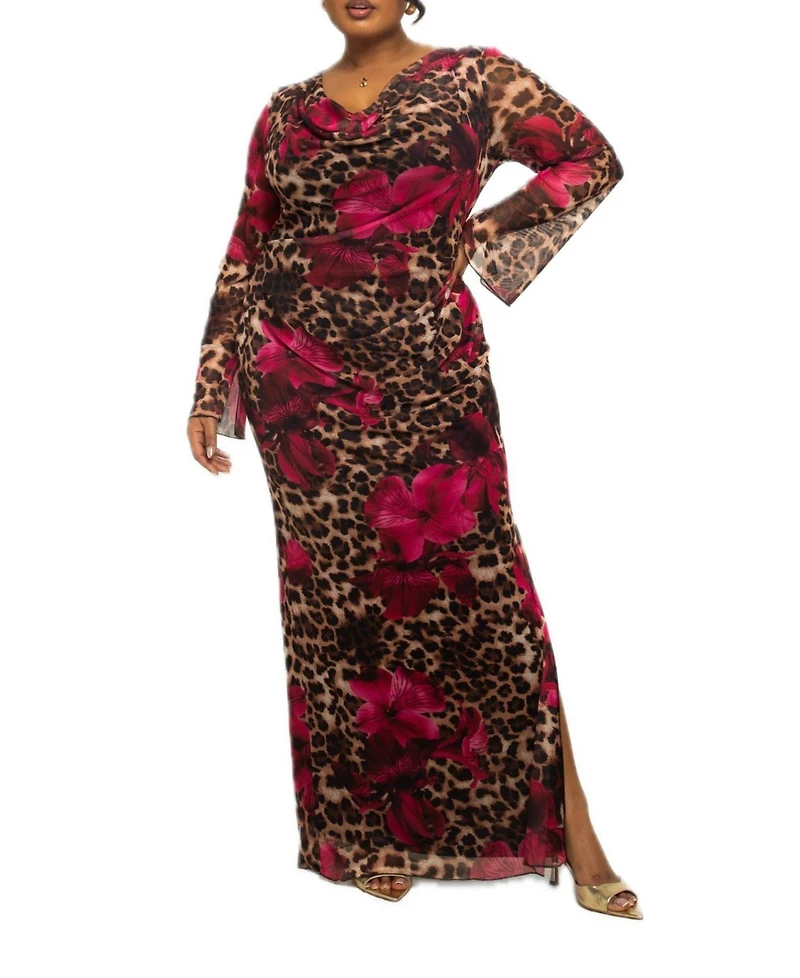 Fashion-szn Curve Women's Leopard Print Mesh Maxi Dress