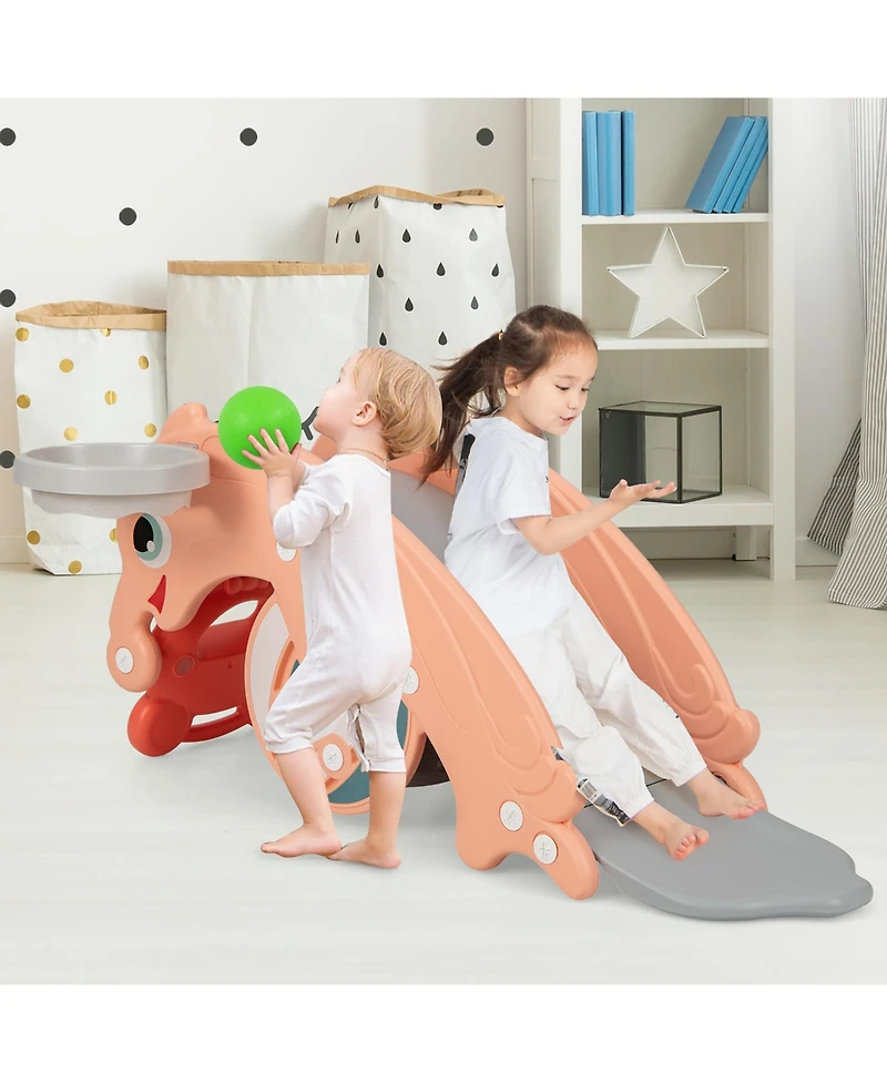 Gymax 3-in-1 Kids Slide Rocking Horse Set Convertible Toddler Slide w/ Basketball Hoop Green
