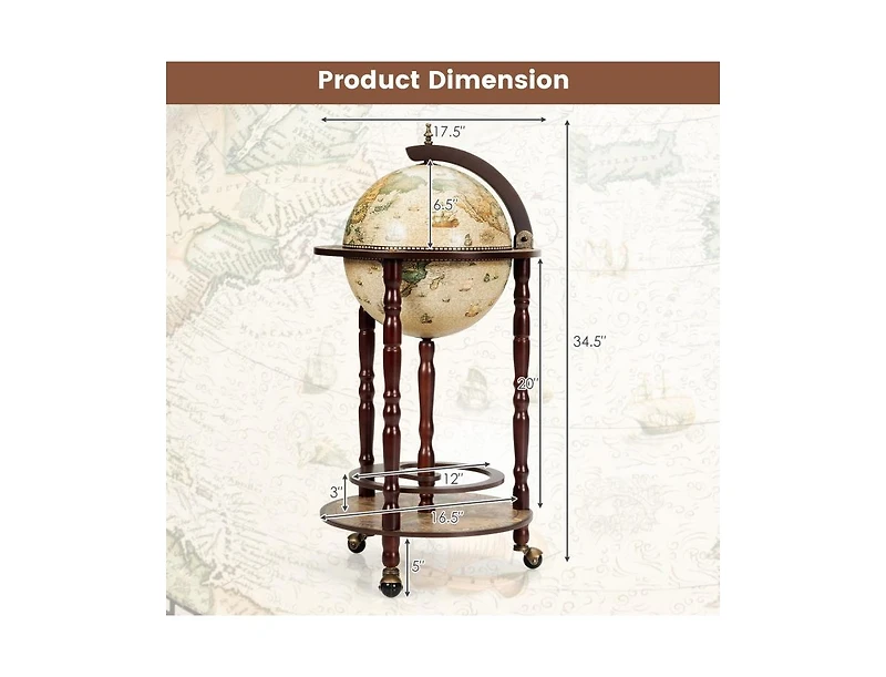 Wooden Globe Bar Cart with Wine Rack and Wheels, Classic Italian Style Design