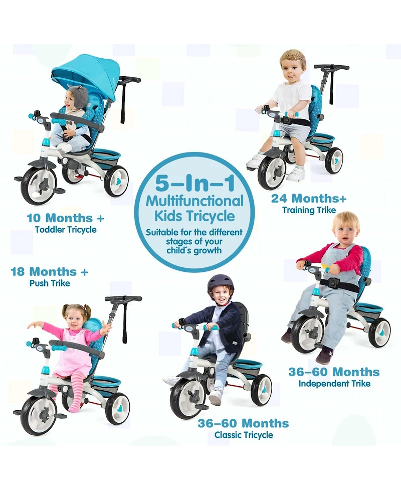 Slickblue Girls 4-in-1 Tricycle Stroller with Detachable Design and Round Sun Canopy