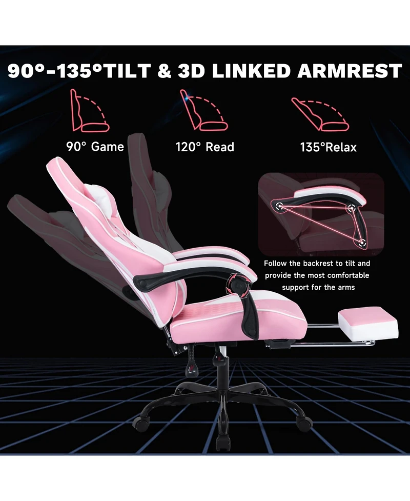 Streamdale Furniture Pink White Gaming Chair with Massage & Footrest