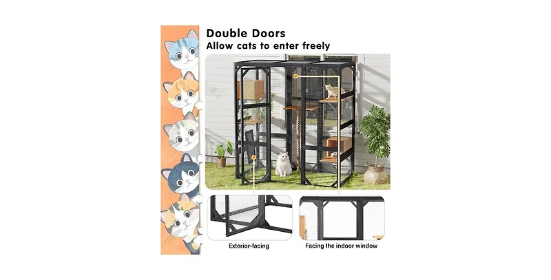 Aostirmotor Outdoor Cat House Double Door Playpen with Condo Black Brown