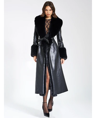 Miss Circle Women Zaida Black Faux Fur Trim Leather Coat