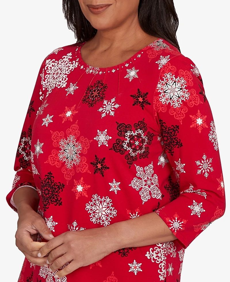 Alfred Dunner Petite Snowflake Embellished Top