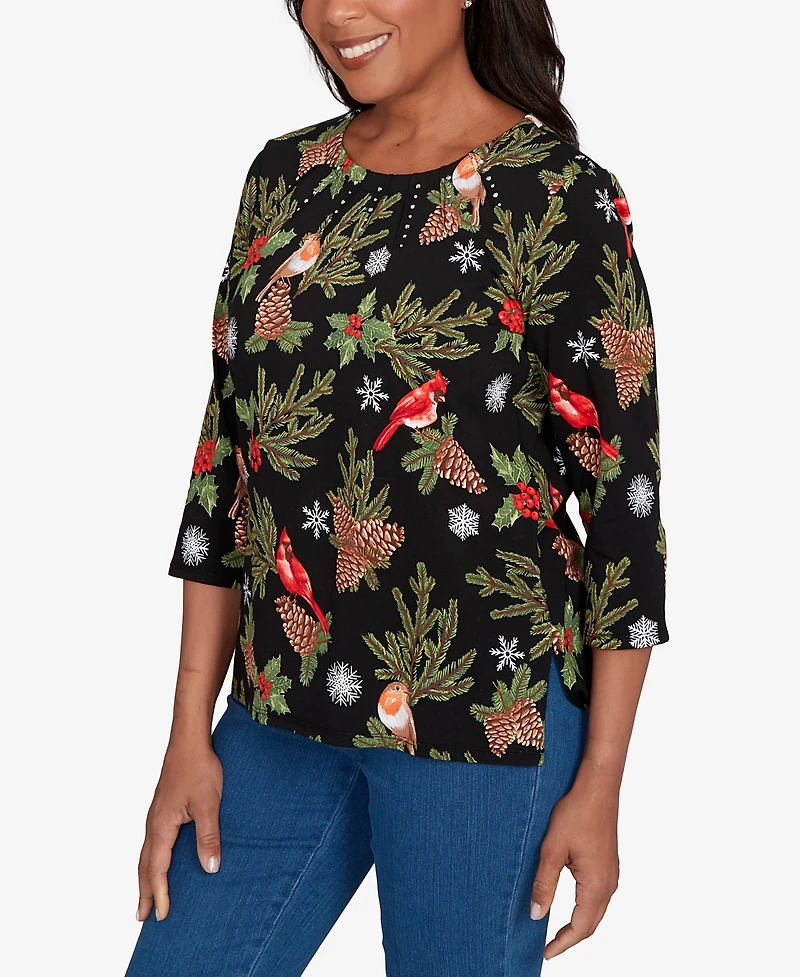 Alfred Dunner Petite Cardinals and Pinecones Top