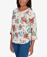 Alfred Dunner Petite Classic Holiday Poinsettias Top