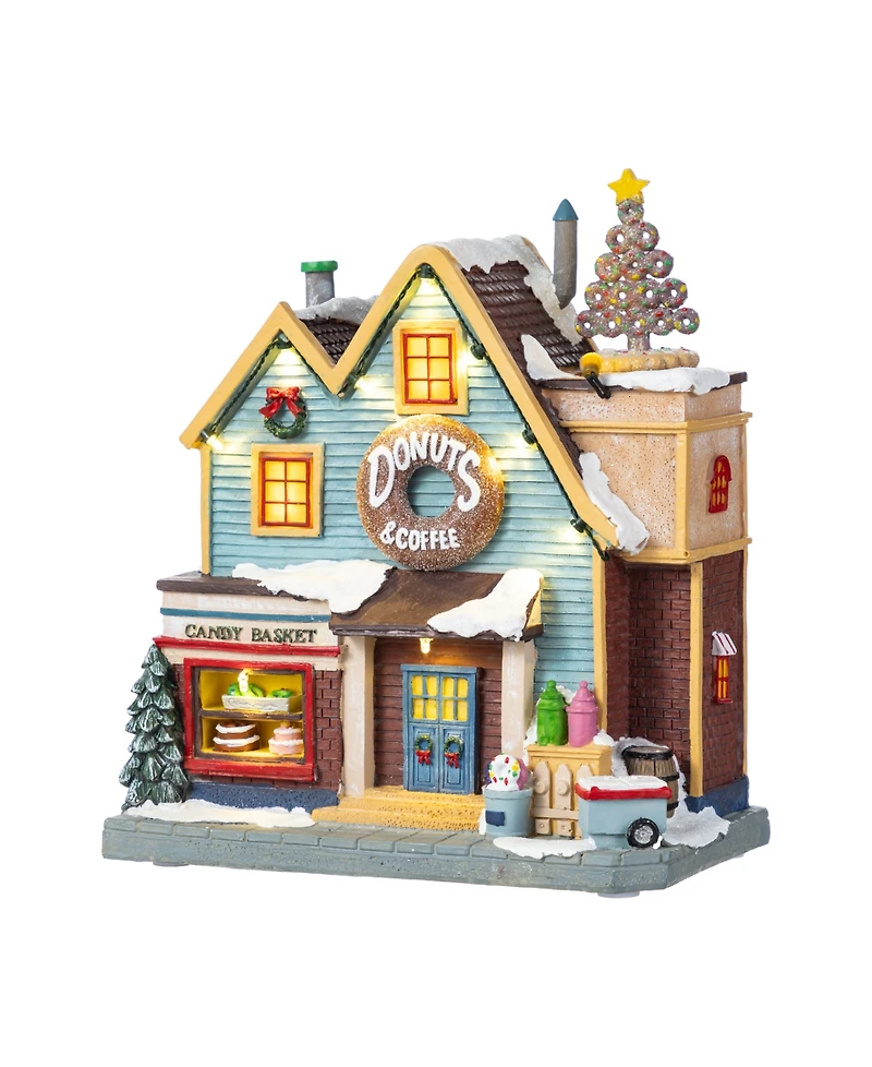Glitzhome 10.25" Lighted Resin Christmas Donuts Coffee Shop Village