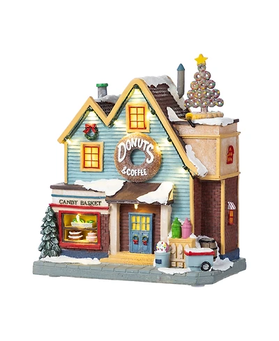 Glitzhome 10.25" Lighted Resin Christmas Donuts Coffee Shop Village