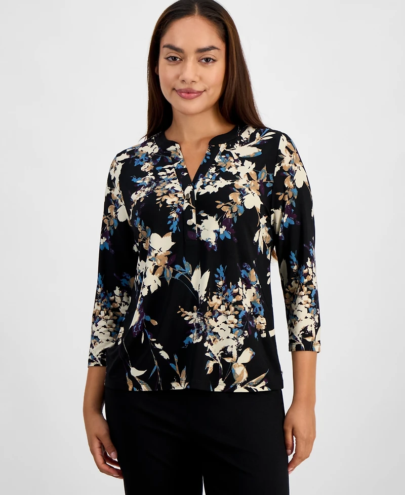 Ak Anne Klein Petite Henley-Neck Floral-Print Top