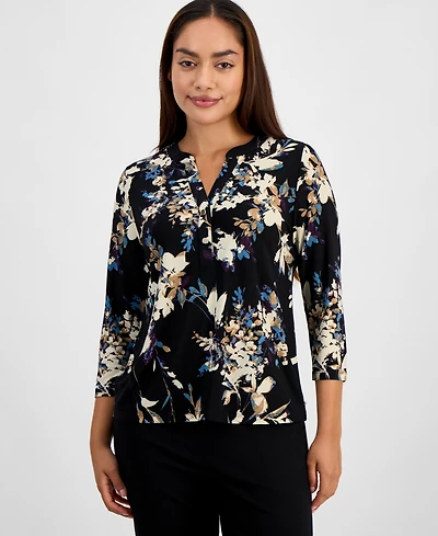 Ak Anne Klein Petite Henley-Neck Floral-Print Top