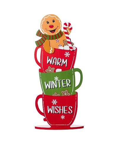 Glitzhome 34.5" Wooden Christmas Gingerbread Man on Coffee Cup Porch Decor