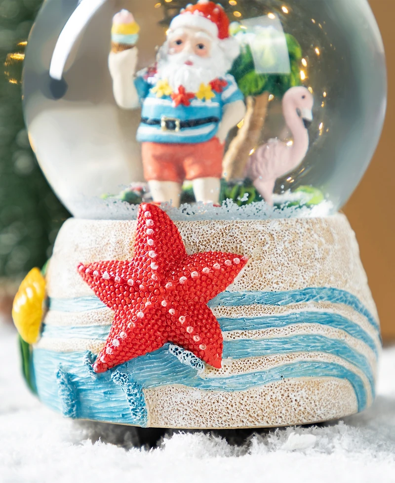 Glitzhome 100mm Resin Christmas Musical Snowflakes Santa on Vacation Water Globe
