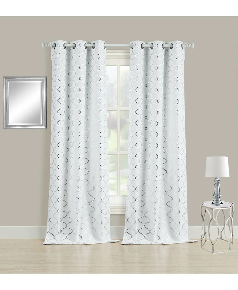 Kate Aurora 2 Pack Metallic Silver & White Lattice Clover Ultra Luxurious Window Curtains - 38 in. W x in. L