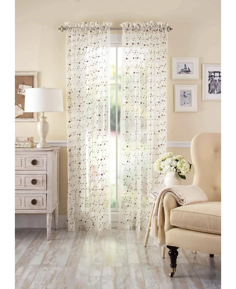 Kate Aurora 1 Piece Shabby Chic Elegant Vintage Rose Embroidered Floral Rod Pocket Sheer Curtain Panel