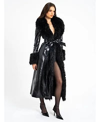 Miss Circle Women's Zella Black Fur Trim Faux Croc Leather Coat